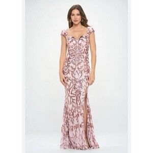 Ricarica Sequin Long Evening Maxi Formal Dress Women's L Beige Nude Elegant
